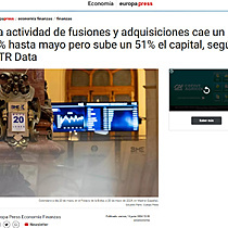 La actividad de fusiones y adquisiciones cae un 4% hasta mayo pero sube un 51% el capital, segn TTR Data